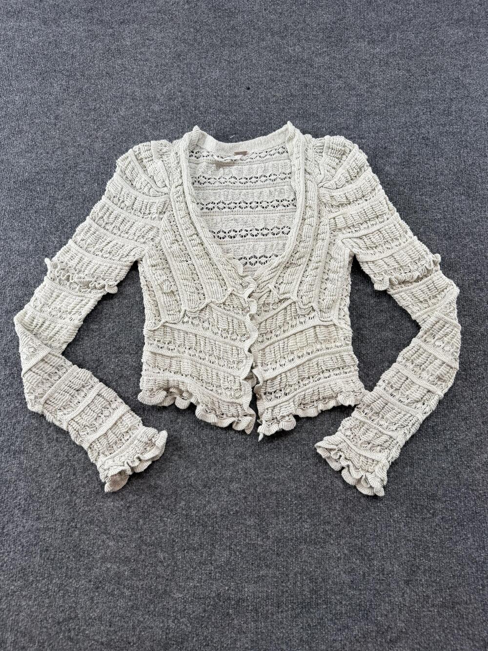Free People Cardigan Sweater Womens Small White Open Knit Ruffle Button Cropped